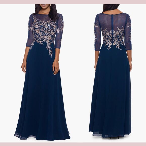 NEW $299 Betsy & Adam [ 12 ] Brooklyn‎ Metallic Embroidered Gown Navy Blue Rose - Picture 2 of 14